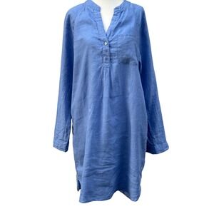 Martha Stewart Linen Dress Womens Medium Blue Excellent Long Sleeve Tunic Pocket